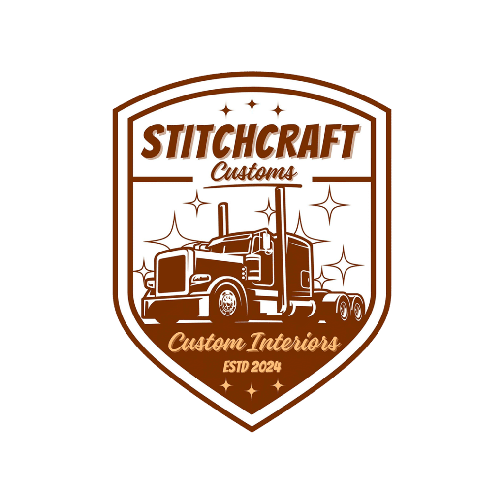 Stitchcraft Customs logo badge with a stylized semi-truck, stars, and the text 'Custom Interiors' (ESTD 2024).
