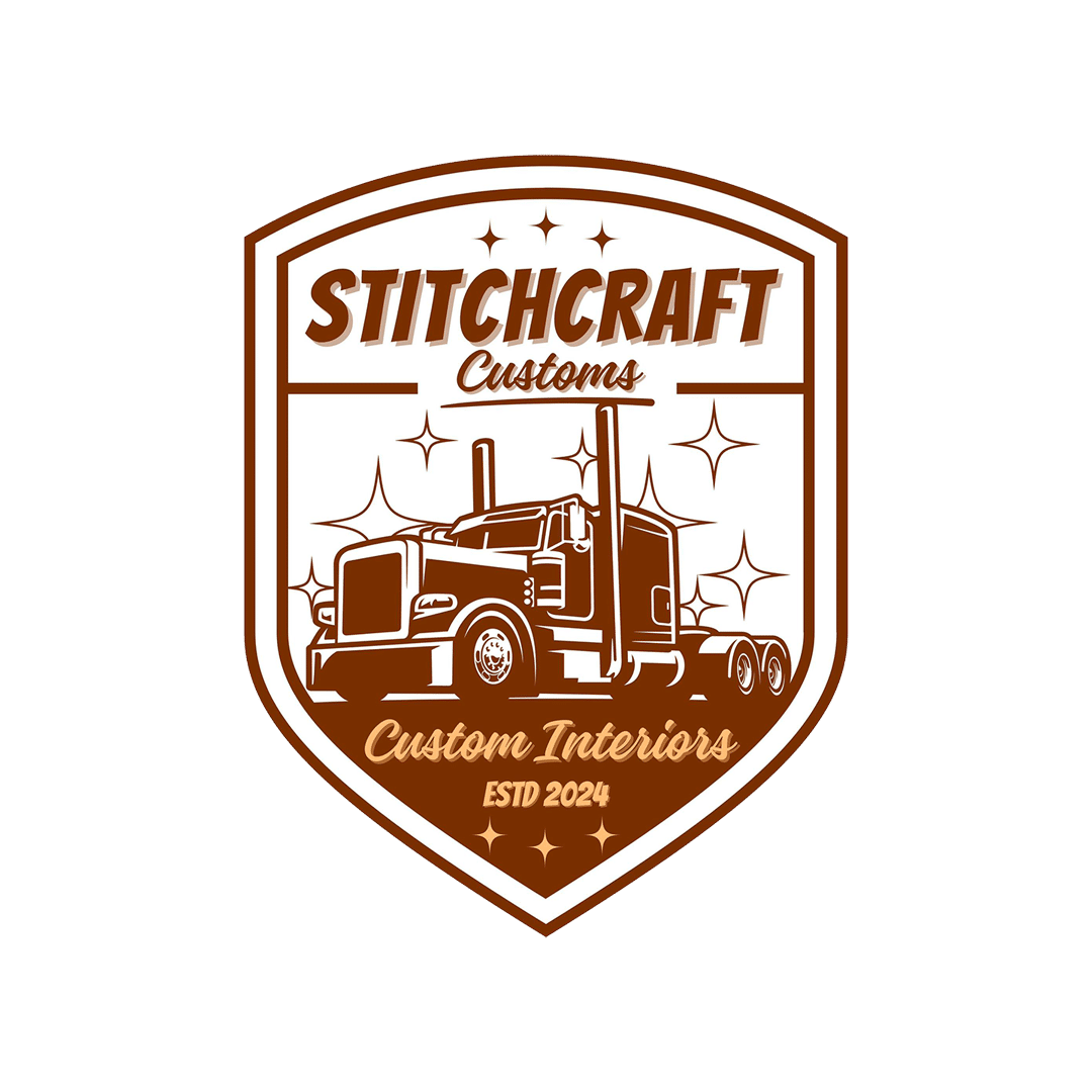 Stitchcraft Customs logo badge with a stylized semi-truck, stars, and the text 'Custom Interiors' (ESTD 2024).