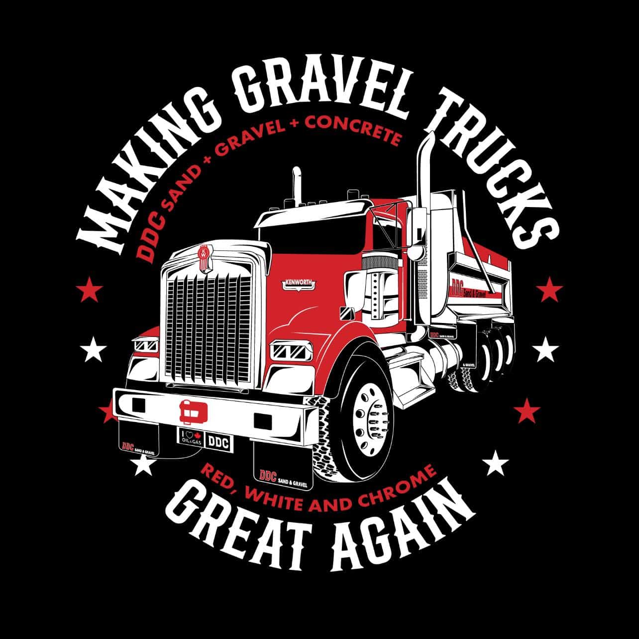 Red semi-truck illustration on black background with circular text reading 'Making Gravel Trucks' and 'Great Again' below, stars outline the design.