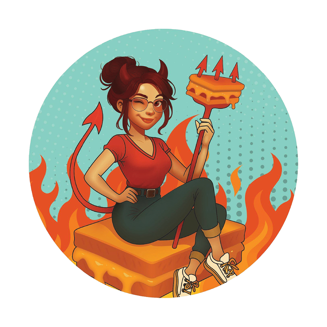 Stylized illustration of a female demon on a fiery pedestal, holding a forked cake with three candles against a teal dotted background while winking.