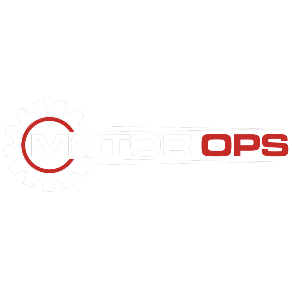 Motor Ops logo with a white gear left, red ring, and 'MOTOR OPS' in white/red (maple leaf inside the O).