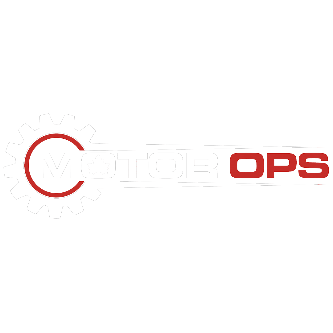 Motor Ops logo with a white gear left, red ring, and 'MOTOR OPS' in white/red (maple leaf inside the O).