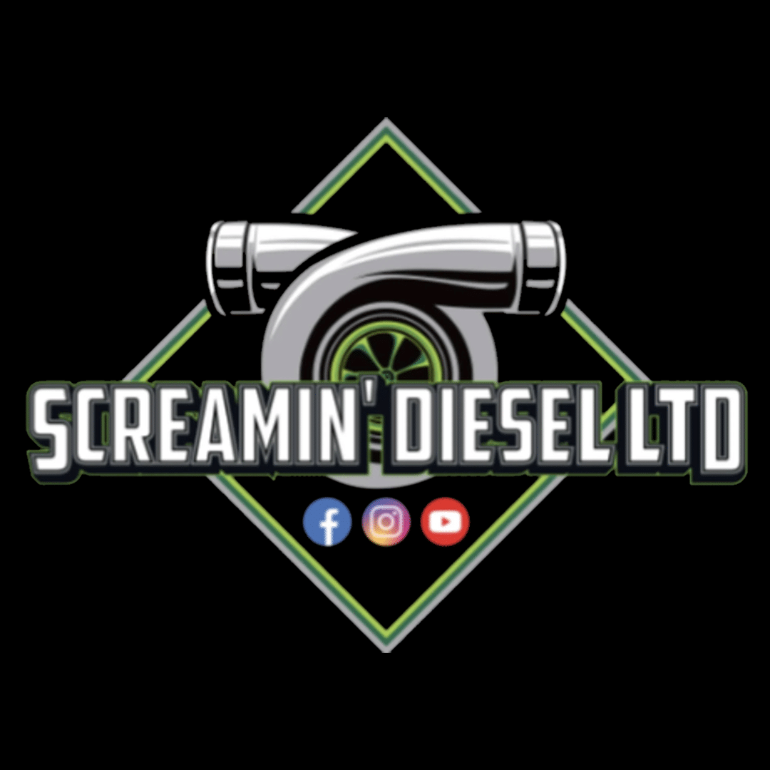 Logo for Screamin' Diesel Ltd with a chrome turbo graphic inside a green-outlined diamond and social icons beneath the name.