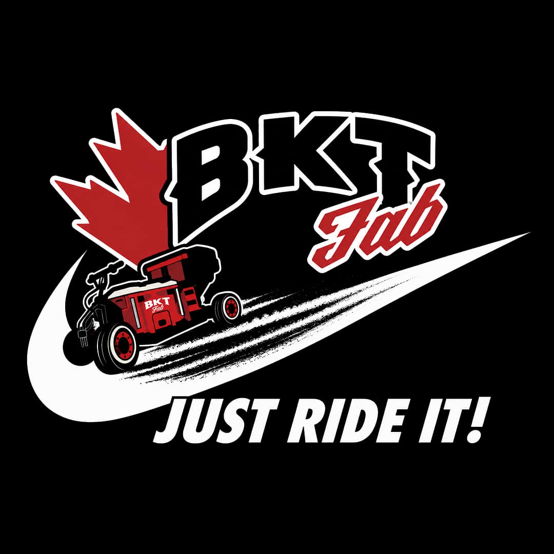 Brand badge with 'BKT Fab' text, red go-kart, white swoosh, and the slogan 'JUST RIDE IT!' on a black background