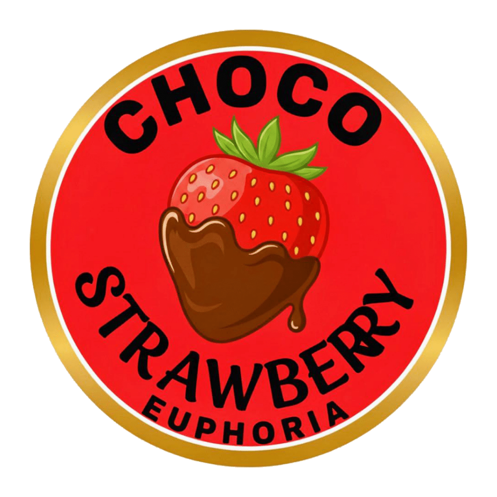 Red circular label featuring a chocolate-dipped strawberry illustration with a gold rim and the text 'CHOCO STRAWBERRY' around the edge, and 'EUPHORIA' at the bottom.