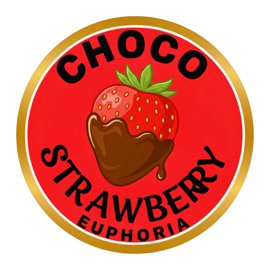 Red circular label featuring a chocolate-dipped strawberry illustration with a gold rim and the text 'CHOCO STRAWBERRY' around the edge, and 'EUPHORIA' at the bottom.