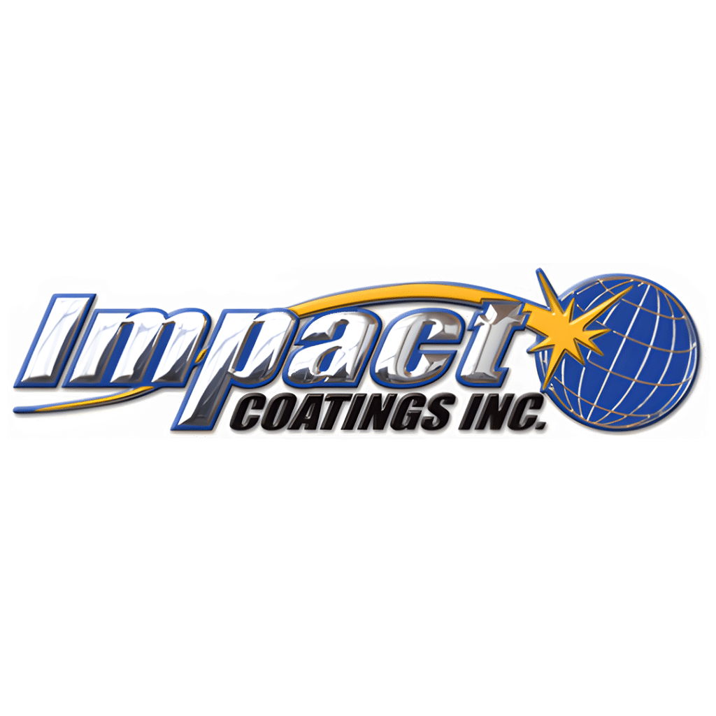Impact Coatings Inc. logo featuring bold metallic lettering with an orange swoosh and blue globe with a starburst.