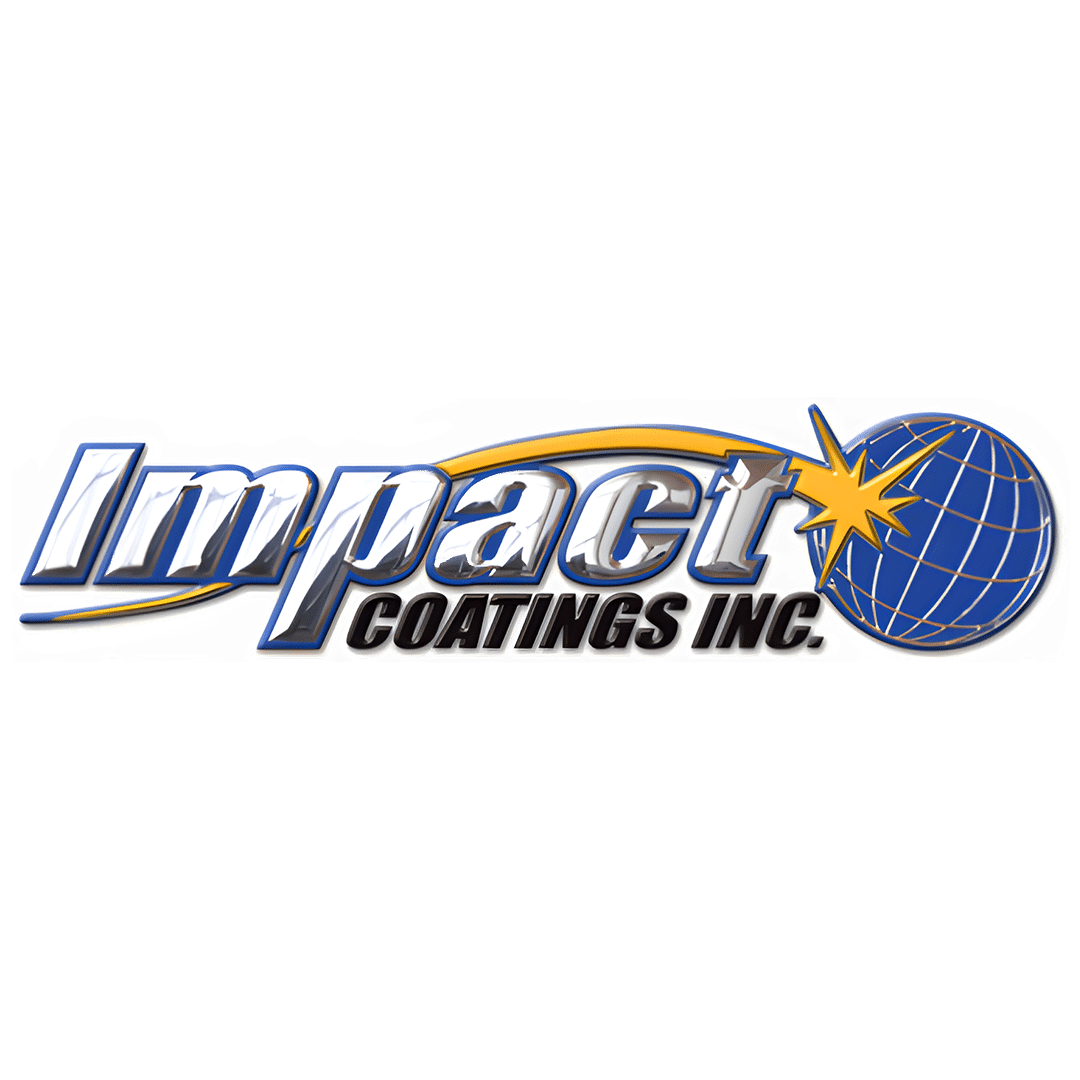 Impact Coatings Inc. logo featuring bold metallic lettering with an orange swoosh and blue globe with a starburst.