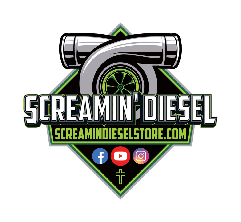 Screamin’ Diesel Store logo with a turbo and wheel, bold lettering, and a diamond badge in green and black.