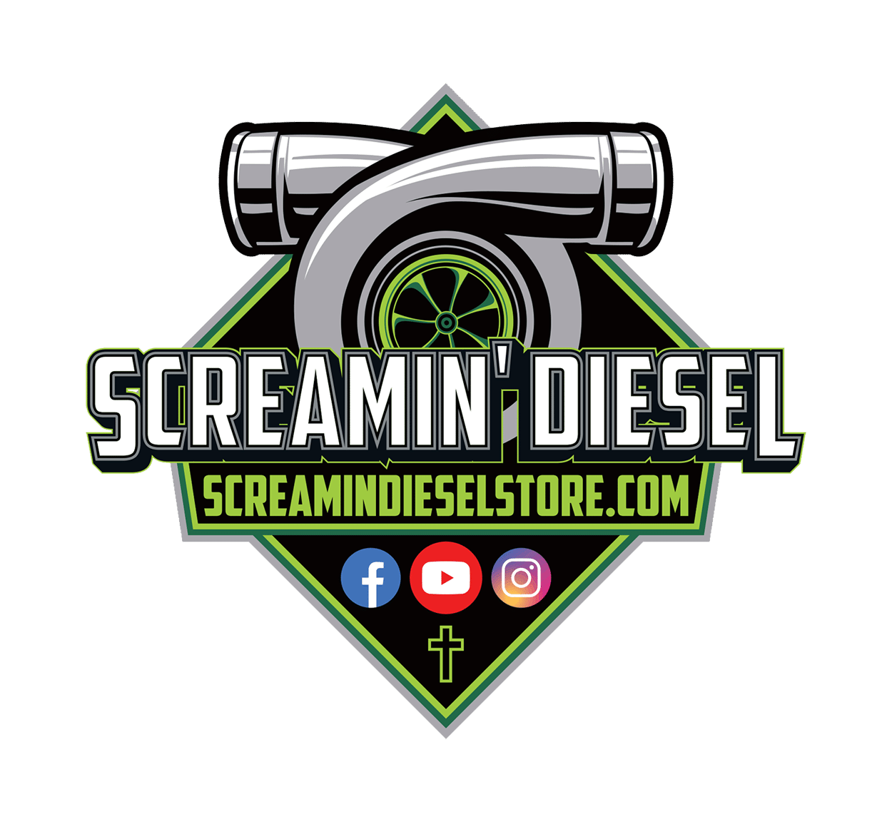 Screamin’ Diesel Store logo with a turbo and wheel, bold lettering, and a diamond badge in green and black.