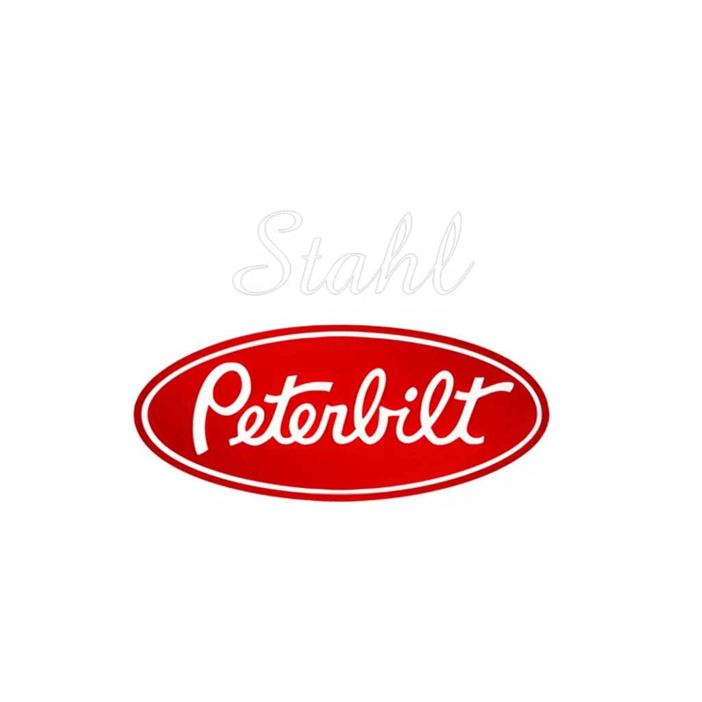 Stahl Peterbilt logo: cursive 'Stahl' above a red oval Peterbilt emblem.