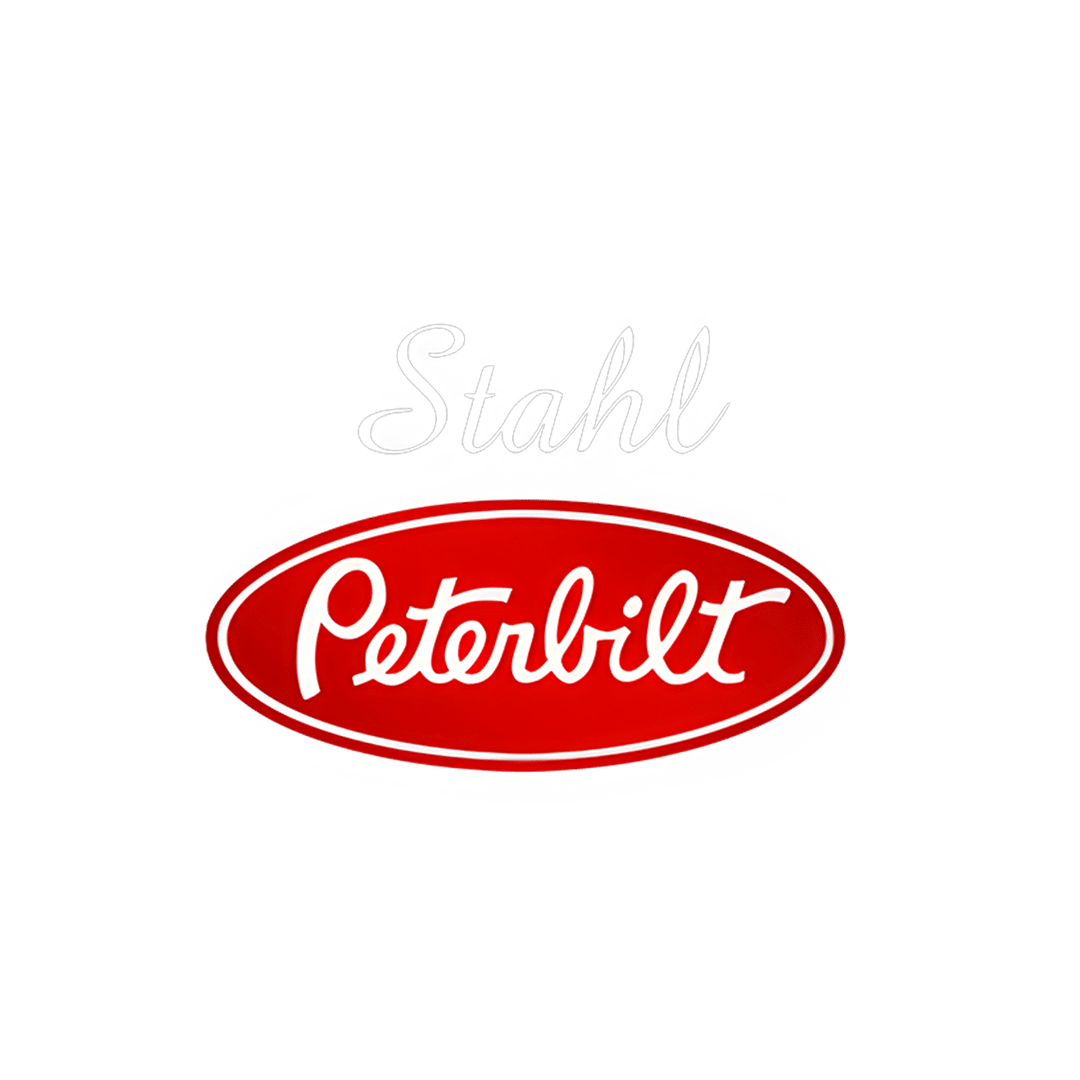 Stahl Peterbilt logo: cursive 'Stahl' above a red oval Peterbilt emblem.