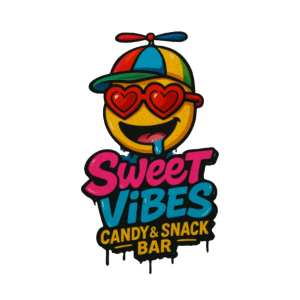 Logo for 'Sweet Vibes Candy & Snack Bar' featuring a smiling emoji with heart sunglasses and a colorful cap.