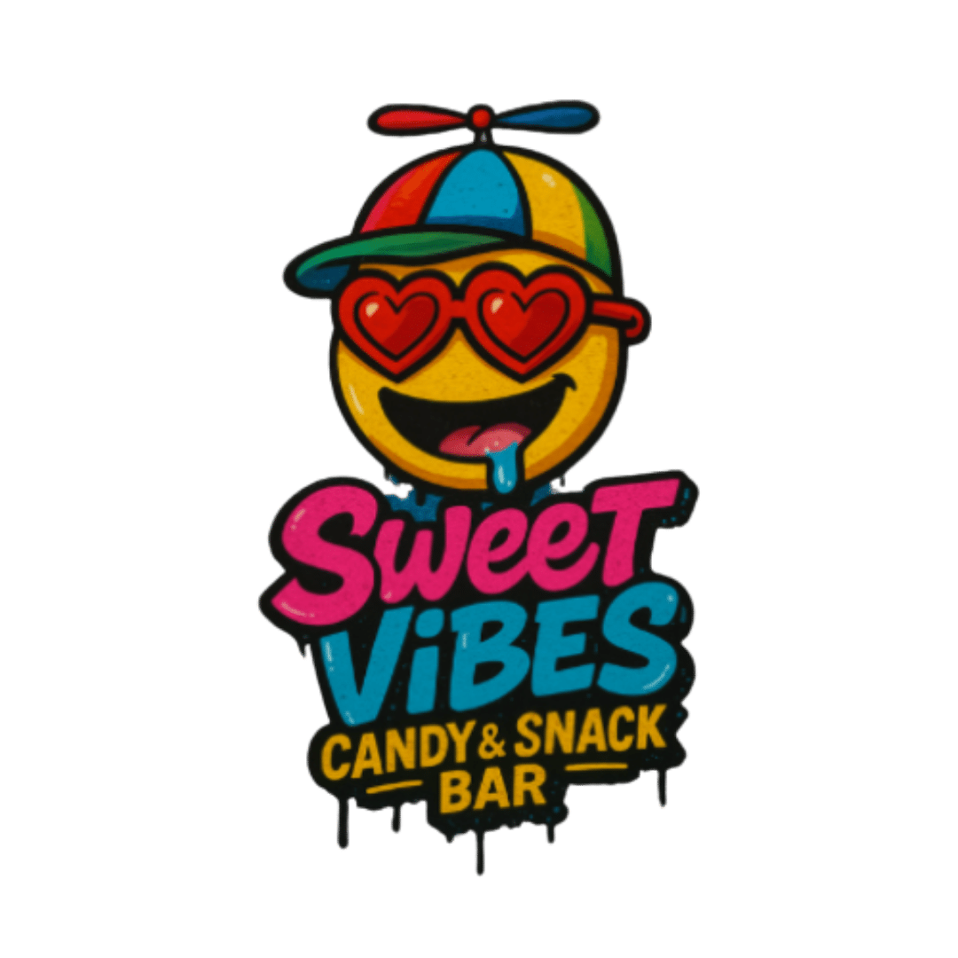 Logo for 'Sweet Vibes Candy & Snack Bar' featuring a smiling emoji with heart sunglasses and a colorful cap.