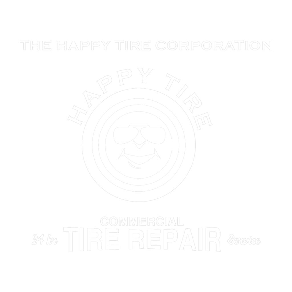 The Happy Tire Corporation logo: a smiling face inside concentric rings with the text 'THE HAPPY TIRE CORPORATION' above and 'TIRE REPAIR' below.