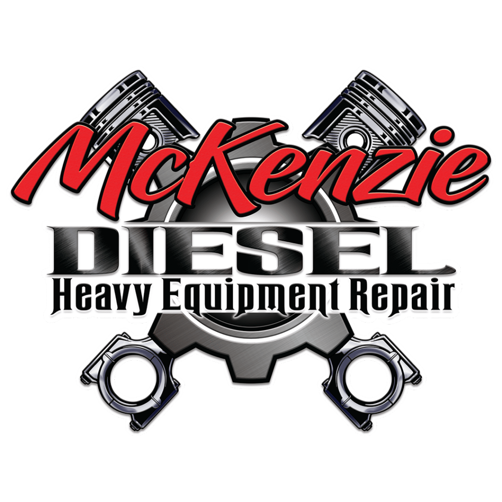 Brand logo for McKenzie Diesel Heavy Equipment Repair featuring red script 'McKenzie' atop metallic 'DIESEL' with pistons and gears to convey mechanical repair services.