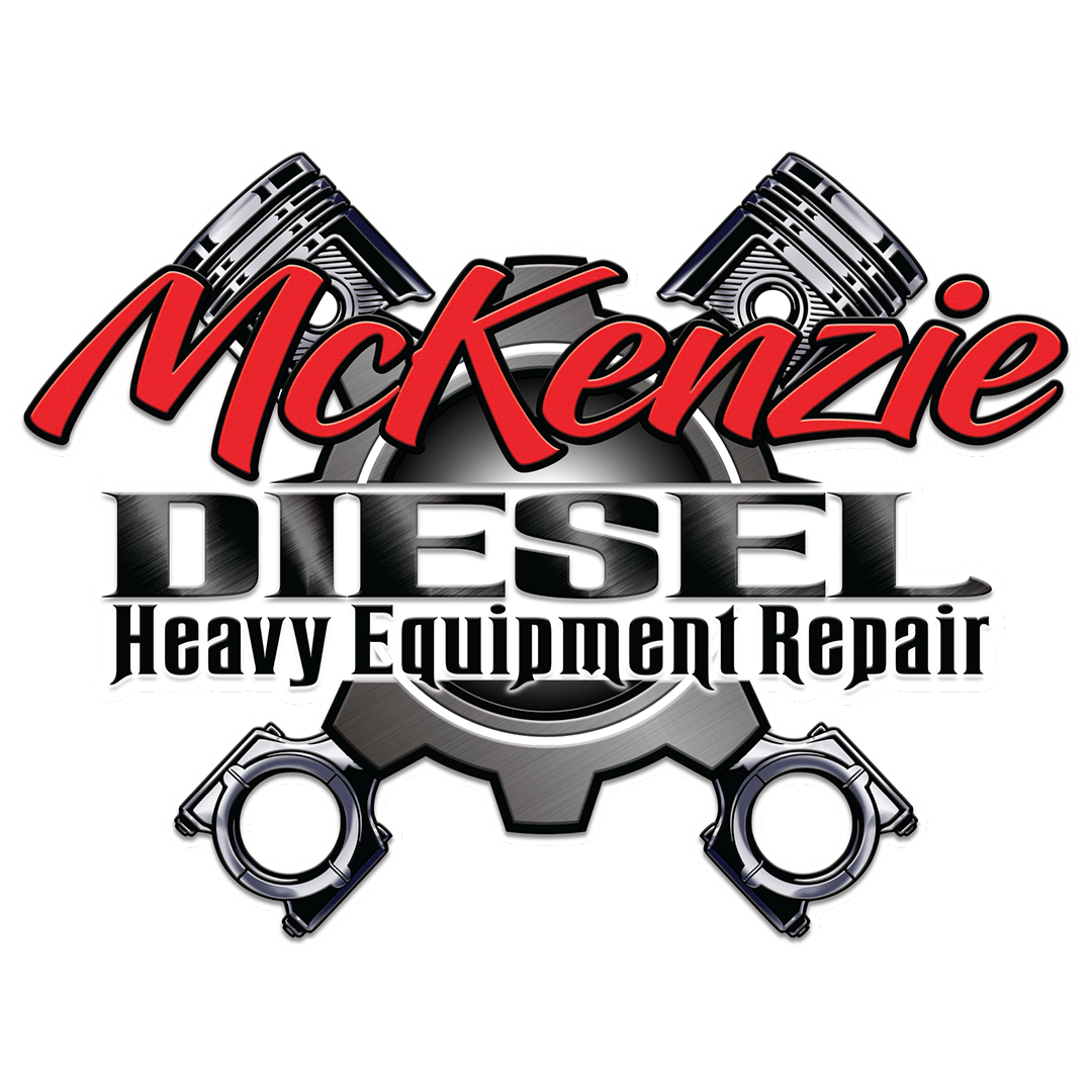 Brand logo for McKenzie Diesel Heavy Equipment Repair featuring red script 'McKenzie' atop metallic 'DIESEL' with pistons and gears to convey mechanical repair services.