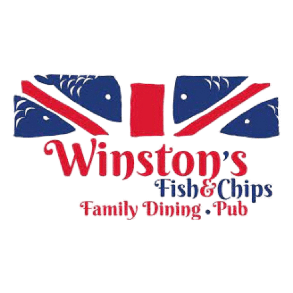 Logo for Winslow's Fish & Chips with red script text and blue geometric accents, plus 'Family Dining • Pub' below.