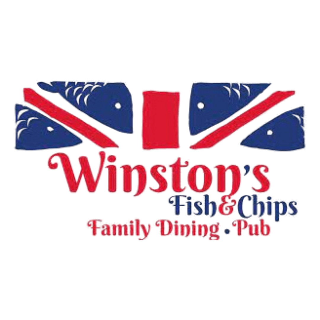 Logo for Winslow's Fish & Chips with red script text and blue geometric accents, plus 'Family Dining • Pub' below.