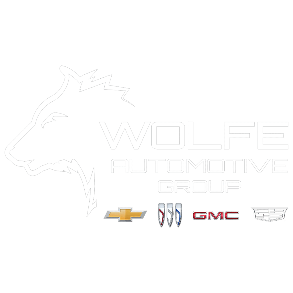 Wolf Automotive Group logo featuring a white outline of a wolf head and the words “WOLF AUTOMOTIVE GROUP” with Chevrolet, Buick, GMC, and Cadillac emblems beneath it.