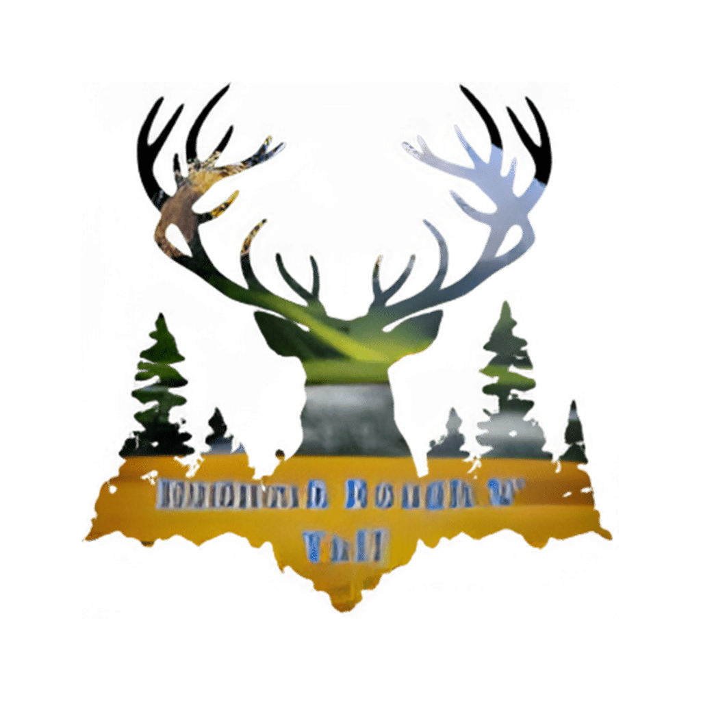 Logo with a stylized deer head and large antlers above a landscape, yellow banner with blue text in the foreground.