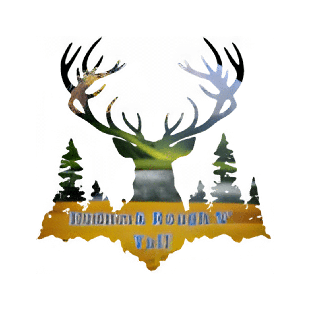 Logo with a stylized deer head and large antlers above a landscape, yellow banner with blue text in the foreground.