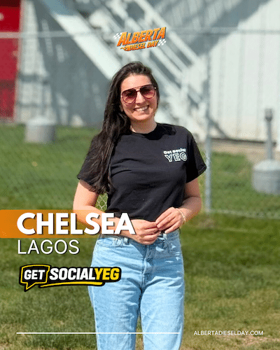 Portrait of Chelsea Lagos outdoors in jeans and a black 'Get Social YEG' shirt; she's smiling with sunglasses, with 'CHELSEA LAGOS' text overlay and branding logos visible.