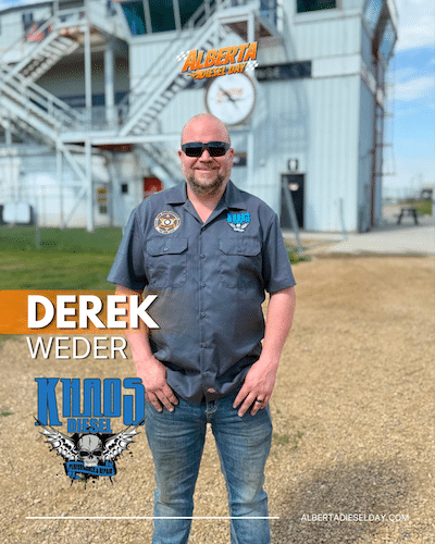 Portrait of Derek Weder in a gray work shirt and sunglasses, standing outside an industrial building; overlay text shows his name and a diesel logo for Alberta Diesel Day.