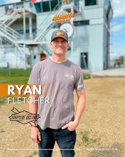 Portrait of Ryan Fletcher at a racing facility, wearing a gray t-shirt and cap, with bold overlay text 'RYAN FLETCHER' and event logos in the background. The scene suggests a feature shot for a motorsports or Alberta Diesel Day feature.
